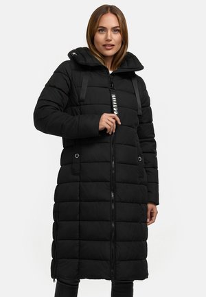 Die schwarze Daunenjacke verfügt über einen Reißverschluss vorne, eine Kapuze und elastische Akzente. Sie hat ein gestepptes Design, eine mittellange Passform und Seitentaschen.