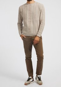 Pull en maille torsadée beige avec un col rond, associé à un pantalon chino marron et des baskets multicolores avec une semelle texturée et des lacets.