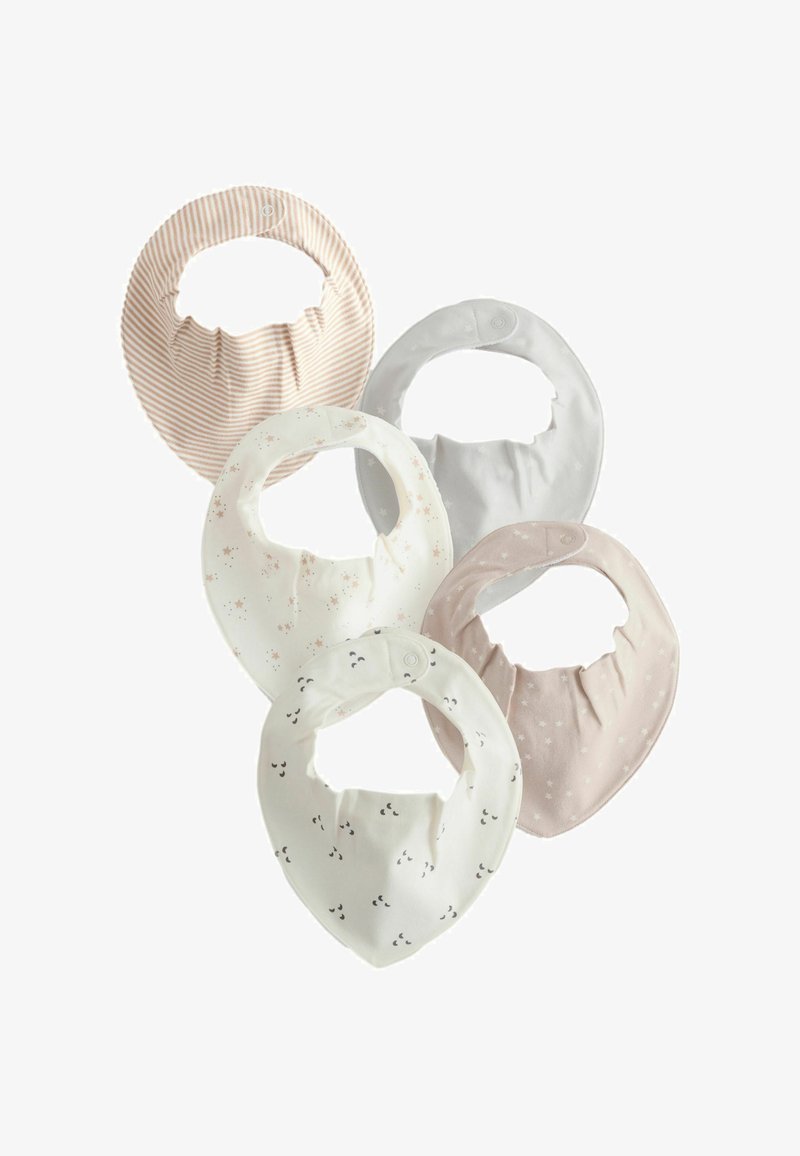 Five soft fabric baby bibs with snap closures, featuring patterns like stripes, stars, and small crescent moons in neutral tones.