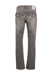 Jeans din denim gri cu un croi drept, având două buzunare pe spate cu cusături decorative și nituri metalice, precum și un etichetă cu logo pe talie.