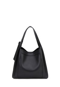 Borsa a tracolla in pelle nera con una texture morbida, ampio scomparto principale e manici larghi. Presenta un delicato dettaglio cucito sulla parte anteriore.