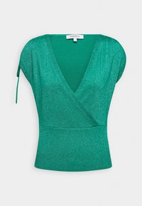 Groene glitterende wikkeltop met een diepe V-hals, korte mouwen en een geribbelde textuur bij de taille, met een gestrikte details op de linkerschouder.