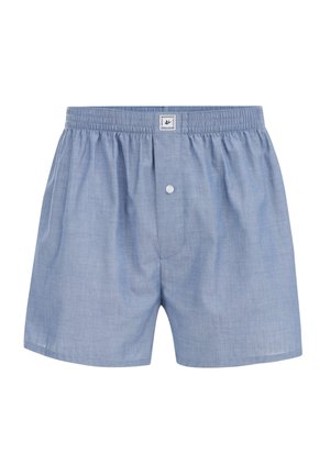 Šviesiai mėlynos medvilninės trumpikės su elastinga juosta, vieno mygtuko uždarymu ir mažu prekės ženklu priekyje. Sklandi tekstūra.