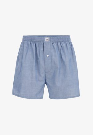 Šviesiai mėlynos medvilninės trumpikės su elastinga juosta, vieno mygtuko uždarymu ir mažu prekės ženklu priekyje. Sklandi tekstūra.