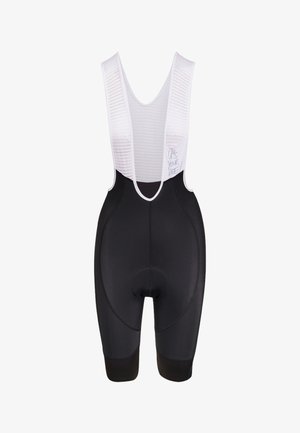 Black cycling bib shorts with white mesh straps. Features padded seat area, smooth fabric texture, and a playful print on the strap.