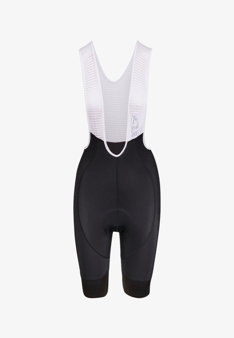 Zwarte fiets-bibshorts met witte mesh schouderbanden. Voorzien van een gevoerd zitvlak, een soepele stoftextuur en een speelse print op de band.