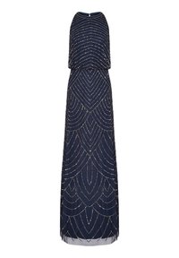 Robe maxi bleu marine avec un design de cape superposée, présentant des motifs géométriques en perles argentées sur l'ensemble du tissu pour apporter texture et détail.