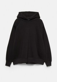Hoodie noir avec une poche kangourou, capuche réglable à cordon, et poignets et ourlet côtes. Fabriqué en tissu doux et épais avec une coupe décontractée.
