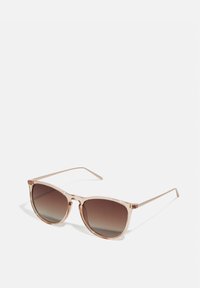Brown gradient sunglasses with a translucent pink frame, square shape, and thin metal arms. Features rounded edges and minimal detailing.