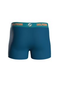 Boxer ajustados para hombre en tejido azul verdoso con un ajuste ceñido. La cinturilla presenta un logo naranja de "DOLPHINS" y un gráfico de un delfín.