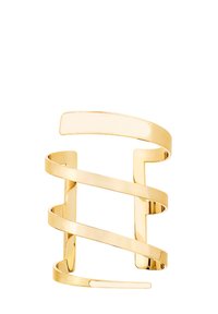 Bracelet ouvert en ton or présentant un design en spirale avec des brins de métal lisses et polis, le tout dans une esthétique minimaliste. Aucun accent ou motif supplémentaire.
