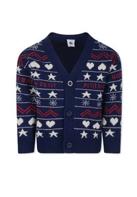 Cardigan lavorato a maglia blu navy con scollo a V, chiusura a bottoni e fantasie festive bianche e rosse di stelle, cuori e zigzag.