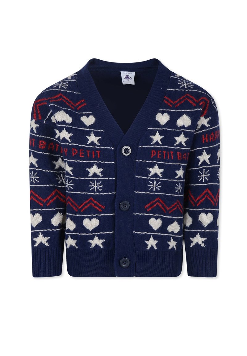 Cardigan lavorato a maglia blu navy con scollo a V, chiusura a bottoni e fantasie festive bianche e rosse di stelle, cuori e zigzag.