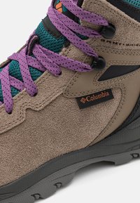Brune ruskinds vandrestøvle med lilla snørebånd, teal mesh indvendigt, sorte detaljer, synlig Columbia logo og tekstureret gummisål.