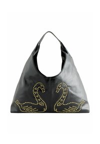 Bolso de cuero negro con una forma curva y grande. Presenta tachuelas doradas que forman diseños de cisnes en la parte frontal. Correa para el hombro reforzada.