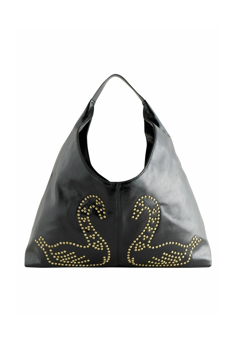 Bolso de cuero negro con una forma curva y grande. Presenta tachuelas doradas que forman diseños de cisnes en la parte frontal. Correa para el hombro reforzada.