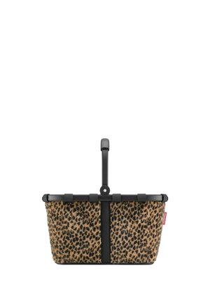 Panier de style panier avec tissu imprimé léopard et une poignée noire pliante centrée au-dessus du panier.