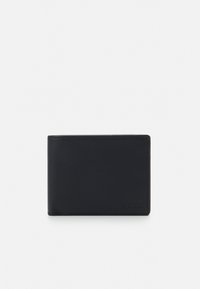 Black leather wallet with a smooth texture, bi-fold design, and embossed logo on the bottom right. Features simple stitching and rounded corners.