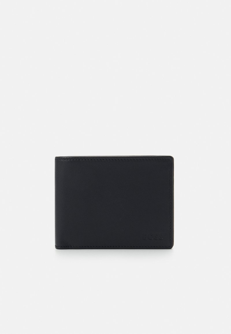 Black leather wallet with a smooth texture, bi-fold design, and embossed logo on the bottom right. Features simple stitching and rounded corners.