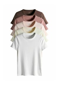 Tricouri din bumbac în cinci culori: maro �închis, mov-cenușiu, roz deschis, galben pal și alb. Fiecare are gât rotund și mâneci scurte, cu textură ribată.