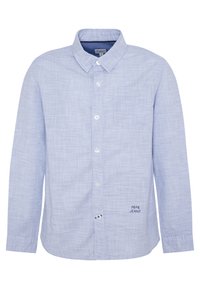 Světle modrá košile s dlouhým rukávem a knoflíky, s jemným kostkovaným vzorem, náprsní kapsou a vyšitým logem "Pepe Jeans" blízko dolního knoflíku.