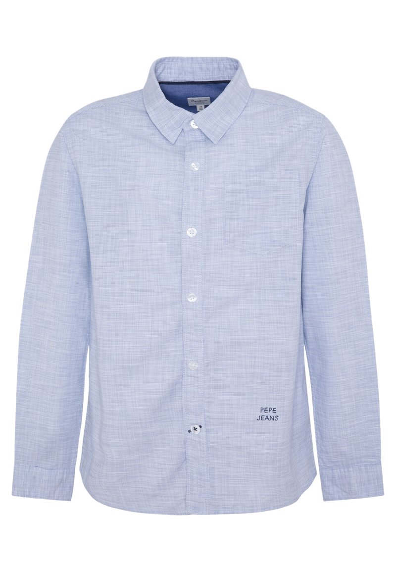 Světle modrá košile s dlouhým rukávem a knoflíky, s jemným kostkovaným vzorem, náprsní kapsou a vyšitým logem "Pepe Jeans" blízko dolního knoflíku.
