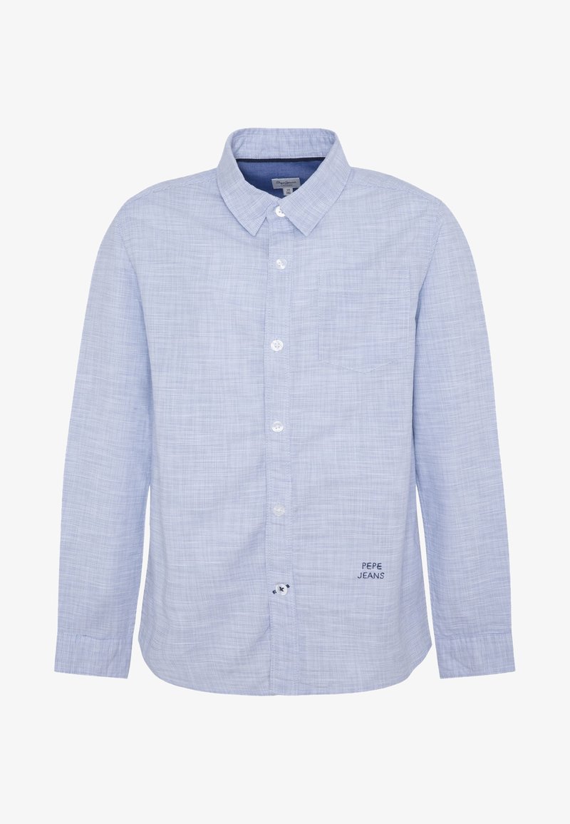 Světle modrá košile s dlouhým rukávem a knoflíky, s jemným kostkovaným vzorem, náprsní kapsou a vyšitým logem "Pepe Jeans" blízko dolního knoflíku.
