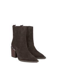 Ciemnoszare zamszowe botki za kostkę z ostro zakończonym noskiem, pionowymi przeszyciami i masywnym drewnianym obcasem.