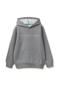 Grauer Kapuzenpullover mit dem Schriftzug "UNITED COLORS OF BENETTON" in Gelb. Mit einer Vordertasche und geribbelten Bündchen.
