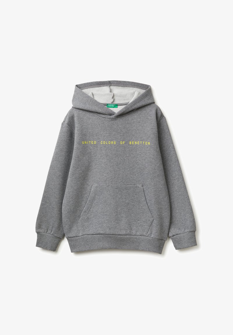 Szara bluza z kapturem, z napisem "UNITED COLORS OF BENETTON" w kolorze żółtym. Zawiera kieszeń z przodu oraz ściągacze przy mankietach.