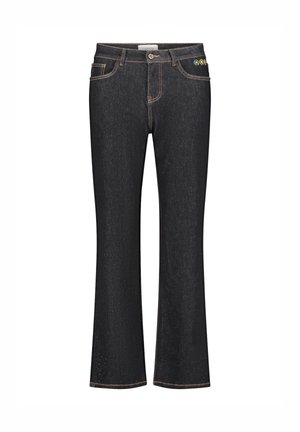 Mørkeblå bootcut-jeans med brune syninger og små broderede gule og grønne blomster nær højre forreste lomme.