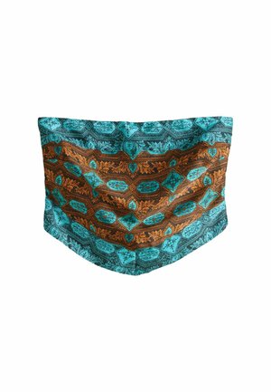 Tour de cou multicolore présentant des motifs de losanges ornés turquoise et marron, avec des dessins floraux et géométriques complexes sur toute la surface.