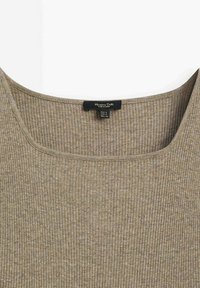 Ribbed taupe top with a wide neckline. Soft, textured fabric. Tag showing size and brand located at the center back.