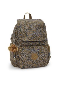 Brun ryggsäck med ett vågigt mönster i blått och krämfärgat. Har en framficka, dragkedjor och en apcharm fäst vid dragkedjan.