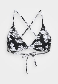 Svart bikinitopp med et blomstermønster i hvitt, trekantede kopper og kryssede stropper. Justerbar knytning bak med en glatt tekstur.