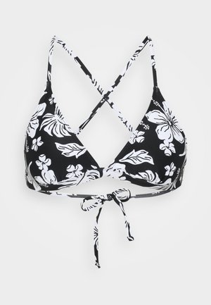 Black bikini top featuring a floral white pattern, triangular cups, and crisscross straps. Adjustable tie at the back with a smooth texture.