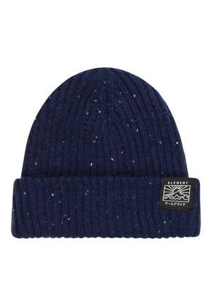 Navy knitted beanie with a ribbed texture, featuring multicolored flecks and a folded cuff displaying a branded black label.