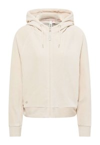Hoodie in Cremefarbe mit Reißverschluss aus geripptem Stoff, ausgestattet mit Kapuze und Kordelzug sowie enganliegenden Bündchen. Glatte Oberfläche mit dezenten Details.