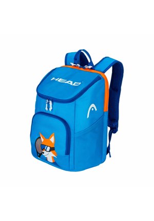 Blauer Kinder-Rucksack mit orangefarbenen Akzenten, Cartoon-Fuchs mit Sonnenbrille, der einen Tennisschläger in der Vorderseite hält, und "HEAD" Logo auf der oberen Klappe.