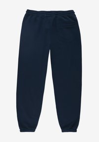 Granatowe spodnie dresowe z elastycznym pasem, zwężanymi mankietami i tylną kieszenią z subtelnym przeszyciem. Miękka, gładka tkanina.