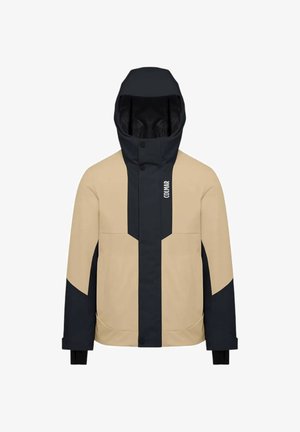 Giacca impermeabile beige e blu navy con cappuccio, caratterizzata da pannelli a contrasto, chiusura a scatto e polsini elasticizzati. Logo del marchio visibile sul davanti.