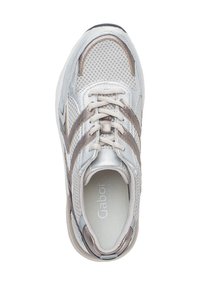 Silver and beige mesh sneaker with lace-up front, padded collar, and "Gabor comfort" branding inside the shoe.