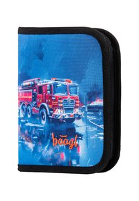 Red fire truck design on blue fabric with black edges, featuring an orange logo "baāgl" at the bottom. Zipper closure, rectangular shape.