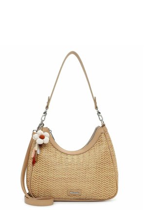 Beige geweven schoudertas met lederen afwerking, afneembare banden, metalen logoplaatje en bloemvormige sleutelhanger met kwastjes.