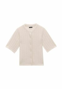 Světle béžový kardigan s krátkým rukávem a strukturovaným úpletem v podobě kabelu, s kulatým výstřihem a perlovými knoflíky po celé přední straně.