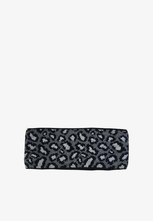 Rectangular black and gray knitted headband with a leopard print pattern.