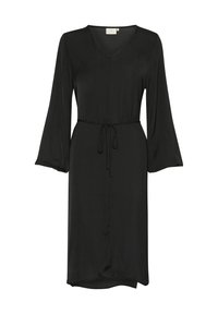 Robe noire, décolleté en V, manches longues évasées, taille à cordon, longueur genou, texture lisse, tissu léger. Pas de motifs ni d'accents.