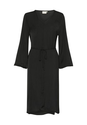 Vestido negro, escote en V, mangas largas acampanadas, cintura con cordón, de longitud hasta la rodilla, textura suave, tejido ligero. Sin estampados ni adornos.