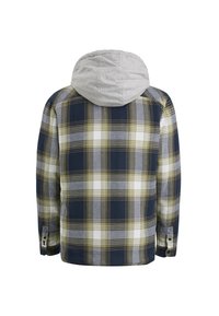 Camisa de cuadros con botón y capucha gris. Presenta colores azul marino, amarillo y blanco en un gran patrón de cuadros, hecha de tela texturada.