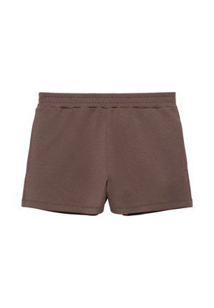 Brune shorts med elastisk talje og sidelommer, designet til afslappet eller atletisk brug, vist på hvid baggrund.